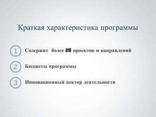 Краткая характеристика программы

 Содержит более 28 проектов и направлений


 Бюджеты программы


 Инновационный вектор деятельности
 