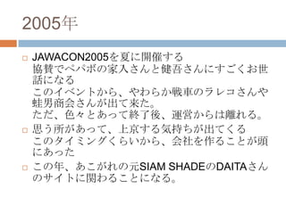 2005
?   JAWACON2005Ĥ_ߤ
    fmǥڥѥܤμ뤵Ƚᤵˤ
    Ԓˤʤ
    Υ٥Ȥ顢餫܇Υ쥳
    ̻ᤵ󤬳
    ɫȤäƽKᡢ\Ӥx롣
?   ˼äơϾݳ֤Ƥ
    Υߥ󥰤餤顢뤳Ȥ^
    ˤä
?   ꡢԪSIAM SHADEDAITA
    ΥȤv뤳Ȥˤʤ롣
 