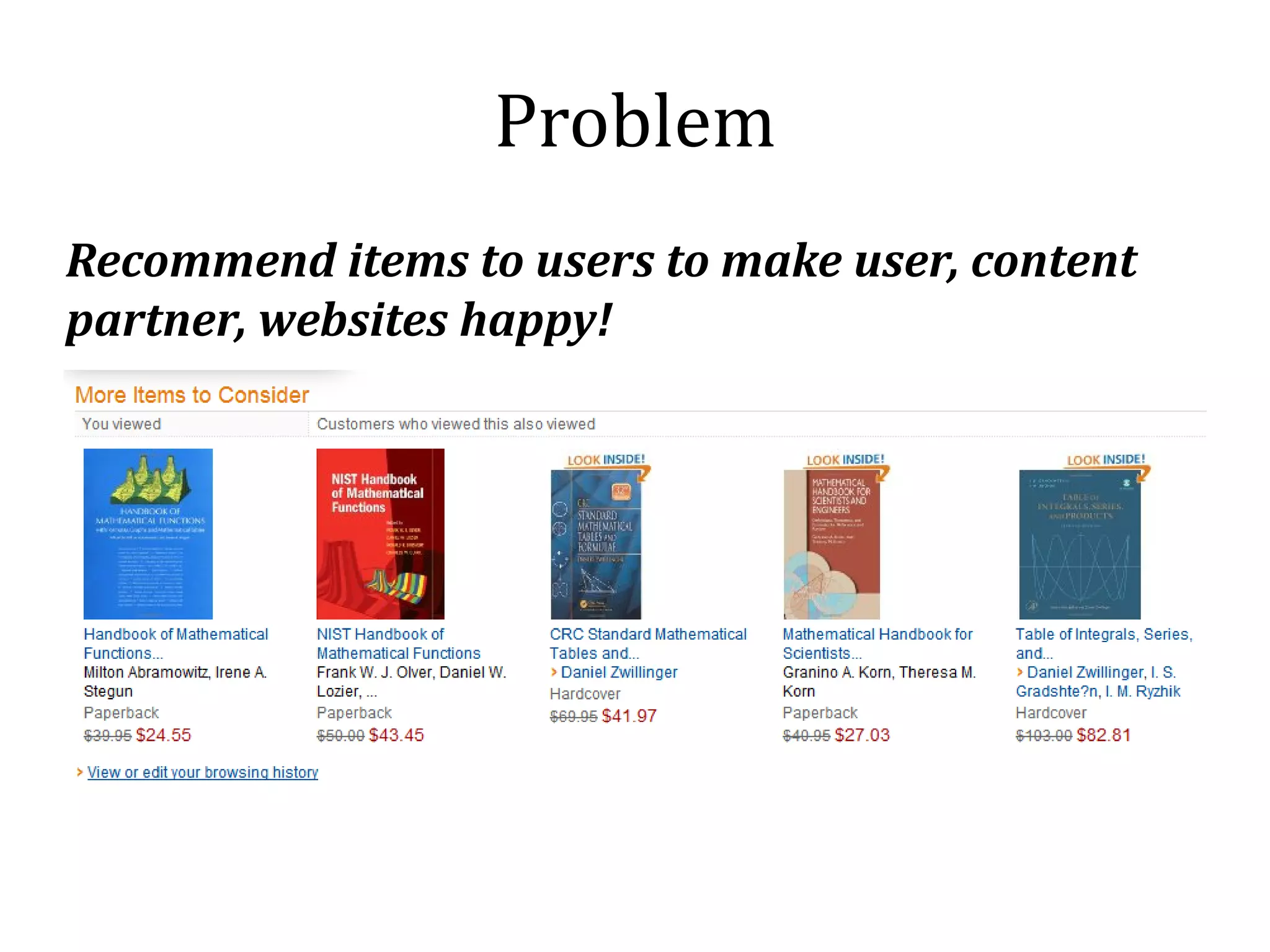 Problem
Recommend items to users to make user, content
partner, websites happy!
 