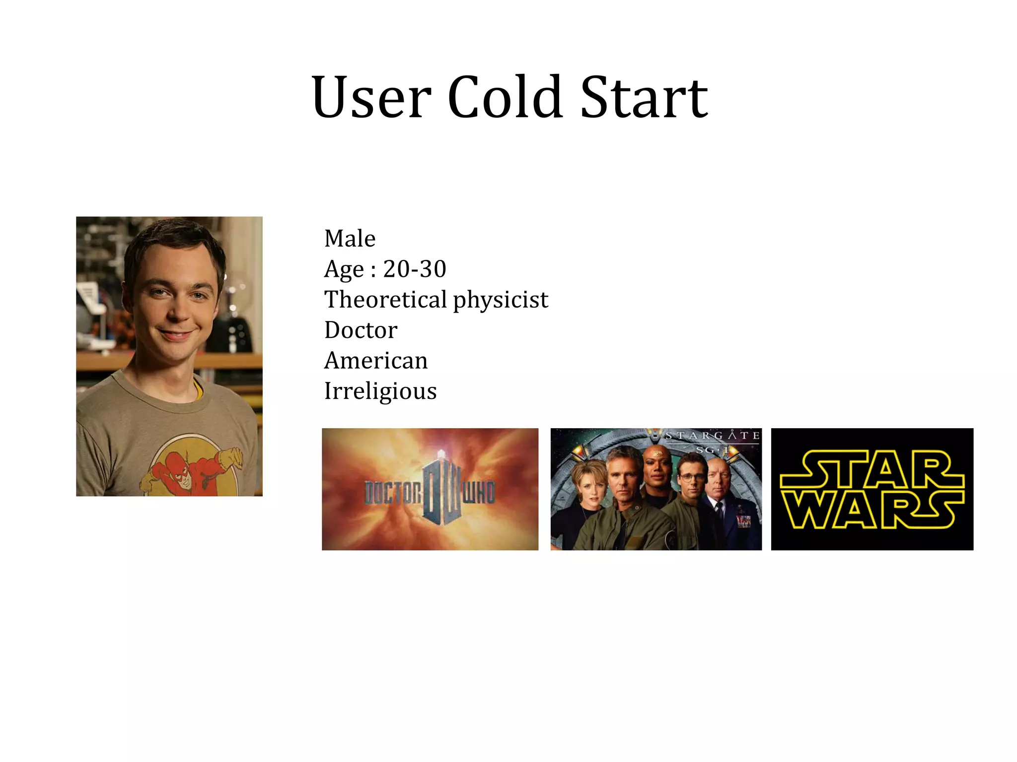 User Cold Start

Male
Age : 20-30
Theoretical physicist
Doctor
American
Irreligious
 