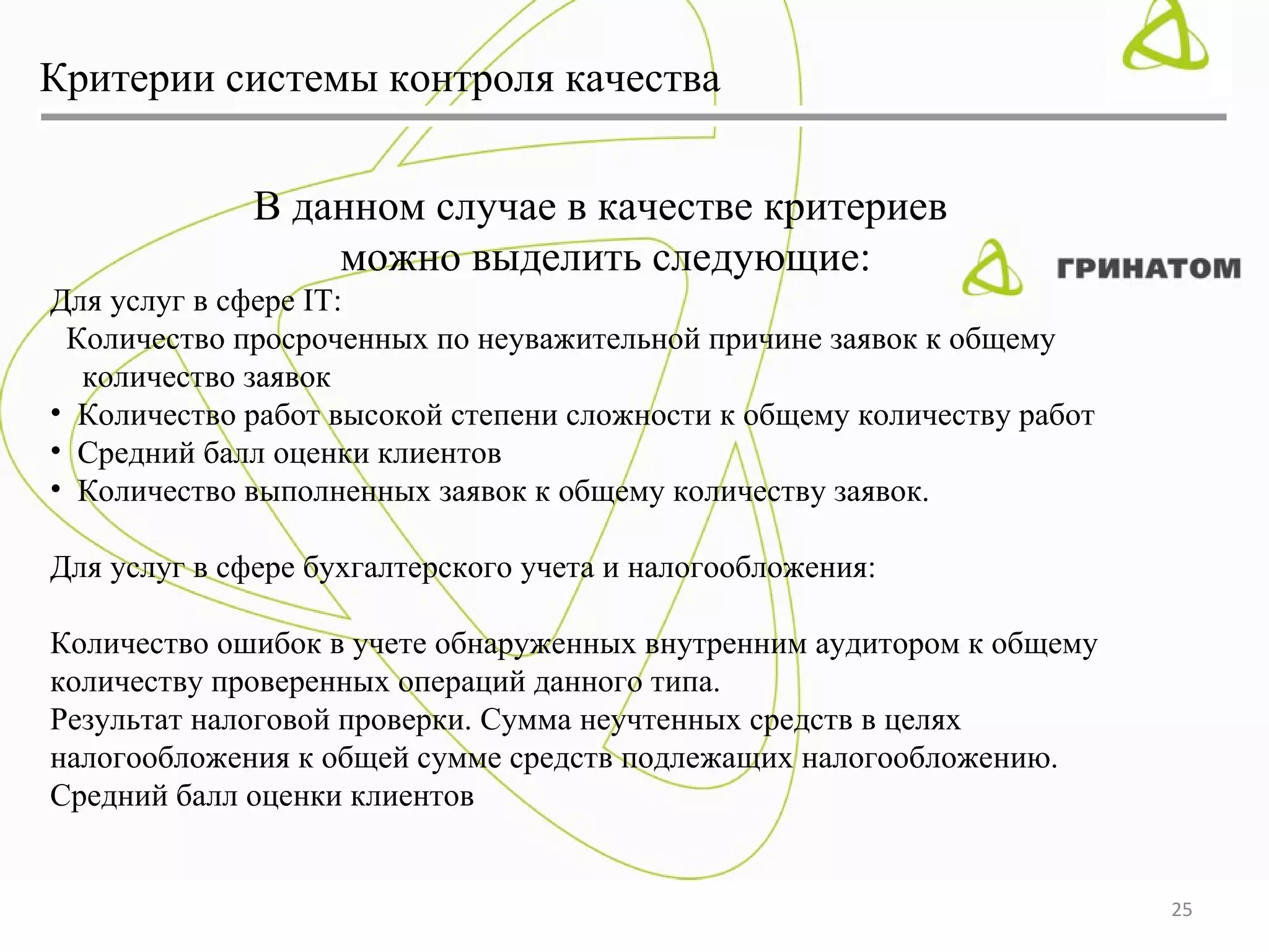 Критерии системы контроля качества


              В данном случае в качестве критериев
                  можно выделить следующие:
Для услуг в сфере IT:
 Количество просроченных по неуважительной причине заявок к общему
  количество заявок
• Количество работ высокой степени сложности к общему количеству работ
• Средний балл оценки клиентов
• Количество выполненных заявок к общему количеству заявок.

Для услуг в сфере бухгалтерского учета и налогообложения:

Количество ошибок в учете обнаруженных внутренним аудитором к общему
количеству проверенных операций данного типа.
Результат налоговой проверки. Сумма неучтенных средств в целях
налогообложения к общей сумме средств подлежащих налогообложению.
Средний балл оценки клиентов


                                                                         25
 