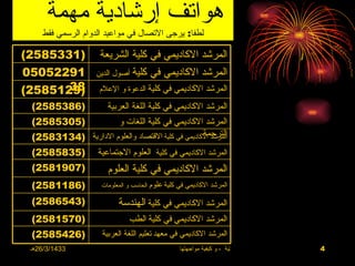 ‫هواتف إرشادية مهمة‬
    ‫لطفا: يرجى التصال في مواعيد الدوام الرسمي فقط‬

‫)1335852(‬           ‫المرشد الكاديمي في كلية الشريعة‬
‫19225050‬           ‫المرشد الكاديمي في كلية أصول الدين‬
       ‫83‬
‫)9215852(‬           ‫المرشد الكاديمي في كلية الدعوة و العلم‬
 ‫)6835852(‬             ‫المرشد الكاديمي في كلية اللغة العربية‬
 ‫)5035852(‬          ‫المرشد الكاديمي في كلية اللغات و‬
                                                 ‫الترجمة‬
 ‫المرشد الكاديمي في كلية القتصاد والعلوم الدارية )4313852(‬
 ‫)5385852(‬          ‫المرشد الكاديمي في كلية العلوم الجتماعية‬
 ‫)7091852(‬             ‫المرشد الكاديمي في كلية العلوم‬
 ‫)6811852(‬           ‫المرشد الكاديمي في كلية علوم الحاسب و المعلومات‬

 ‫)3456852(‬                 ‫المرشد الكاديمي في كلية الهندسة‬
 ‫)0751852(‬                     ‫المرشد الكاديمي في كلية الطب‬
 ‫)6245852(‬           ‫المرشد الكاديمي في معهد تعليم اللغة العربية‬
 ‫3341/3/62هـ‬                                      ‫االضغوط الحياتية ، و كيفية مواجهتها‬   ‫4‬
 