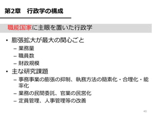 第2章   行政学の構成

職能国家に主眼を置いた行政学

• 膨張拡大が最大の関心ごと
 – 業務量
 – 職員数
 – 財政規模
• 主な研究課題
 – 事務事業の膨張の抑制、執務方法の簡素化・合理化・能
   率化
 – 業務の民間委託、官業の民営化
 – 定員管理、人事管理等の改善
                          40
 