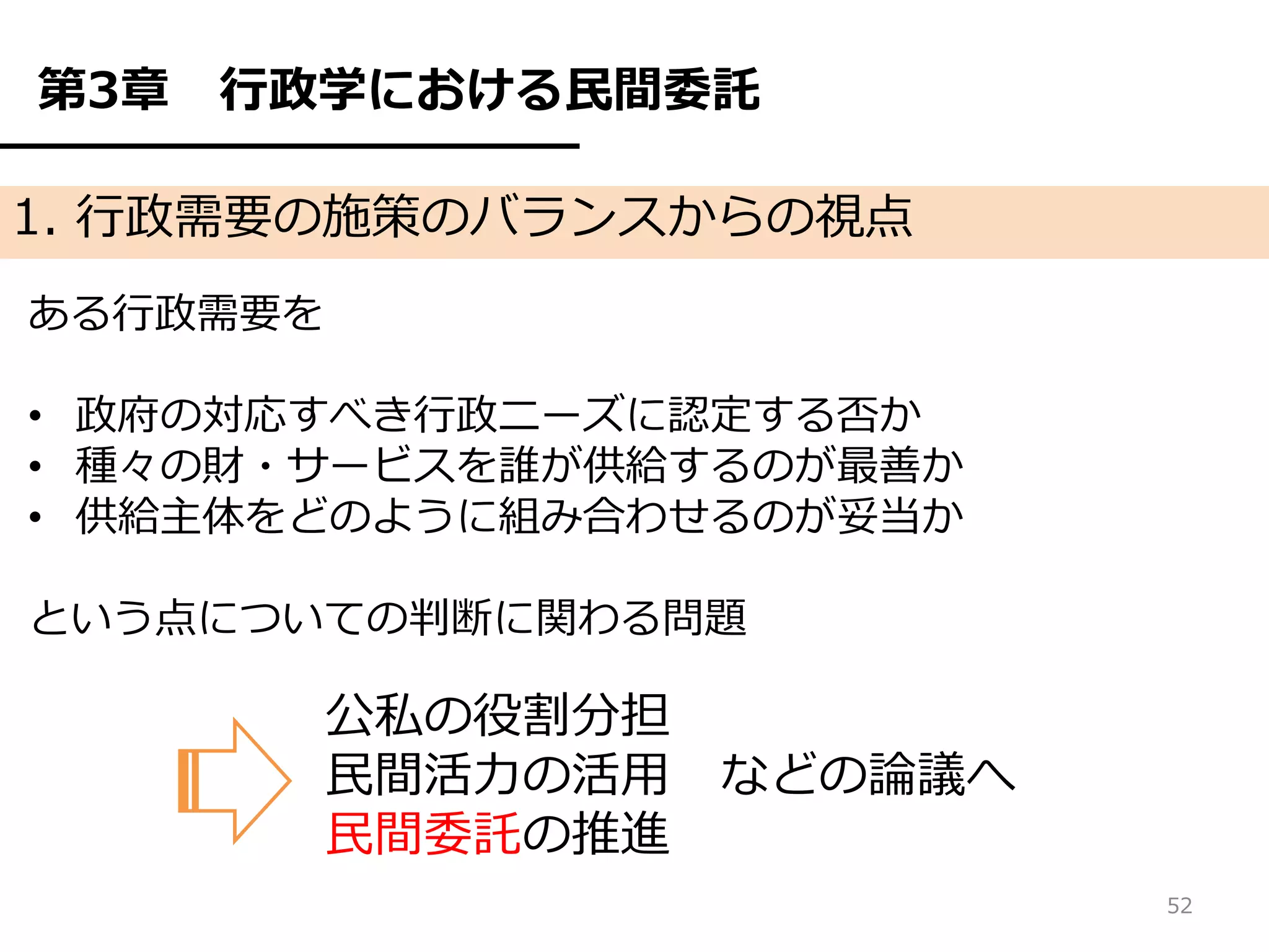 第3章   行政学における民間委託

1. 行政需要の施策のバランスからの視点
ある行政需要を

• 政府の対応すべき行政ニーズに認定する否か
• 種々の財・サービスを誰が供給するのが最善か
• 供給主体をどのように組み合わせるのが妥当か

という点についての判断に関わる問題

          公私の役割分担
          民間活力の活用   などの論議へ
          民間委託の推進
                             52
 