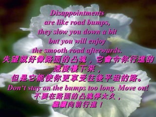 Disappointments
            are like road bumps,
          they slow you down a bit
              but you will enjoy
        the smooth road afterwards.
失望就好像路面的凸塊，它會令你行進的
               速度慢下來，
  但是它能使你更享受往後平坦的路。
 Don‘t stay on the bumps too long. Move on!
        不要在路面的凸塊停太久，
          繼續向前行進！
 