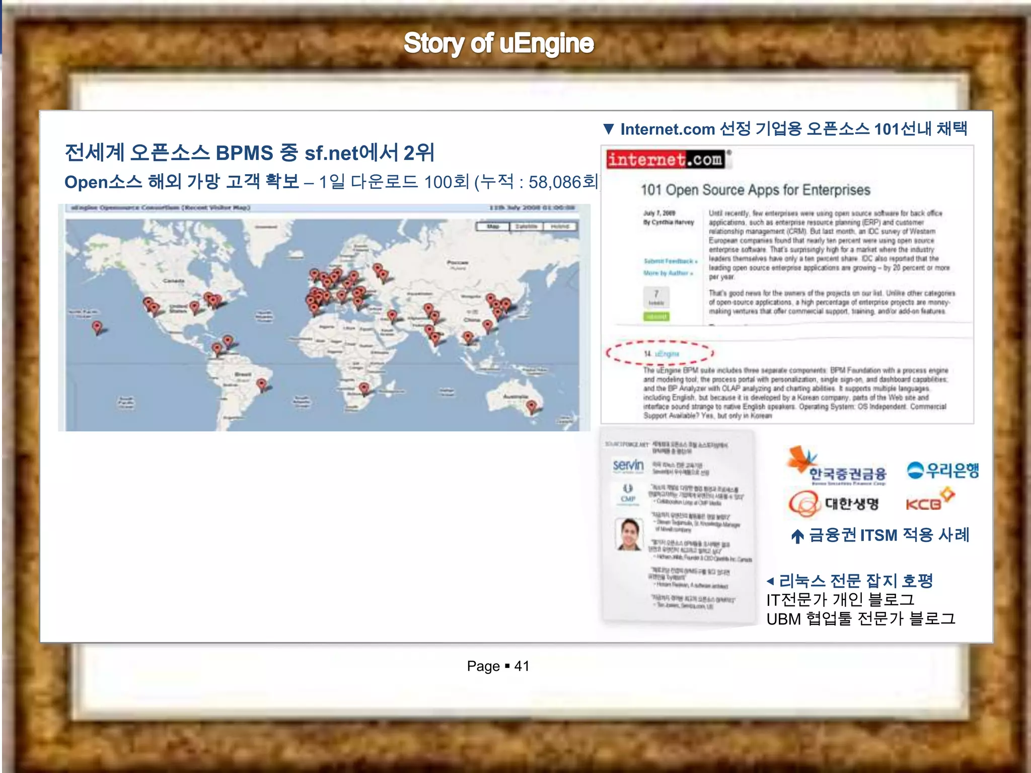 ▼ Internet.com 선정 기업용 오픈소스 101선내 채택
전세계 오픈소스 BPMS 중 sf.net에서 2위
Open소스 해외 가망 고객 확보 – 1일 다운로드 100회 (누적 : 58,086회)




                                                                  금융권 ITSM 적용 사례

                                                              ◀ 리눅스 전문 잡지 호평
                                                              IT전문가 개인 블로그
                                                              UBM 협업툴 전문가 블로그

                                   Page  41
 