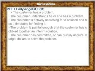 MEET Earlyvangelist First:
   • The customer has a problem.
 • The customer understands he or she has a problem.
 • The customer is actively searching for a solution and h
 as a timetable for finding it.
 • The problem is painful enough that the customer has c
 obbled together an interim solution.
 • The customer has committed, or can quickly acquire, b
 udget dollars to solve the problem.
 