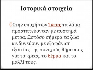 Ιςτορικά ςτοιχεία

0Στην εποχό των Ίνκασ τα λϊμα
προςτατεύονταν με αυςτηρϊ
μϋτρα. Ωςτόςο ςόμερα τα ζώα
κινδυνεύουν με εξαφϊνιςη
εξαιτύασ τησ ςυνεχούσ θόρευςησ
για το κρϋασ, το δϋρμα και το
μαλλύ τουσ.
 