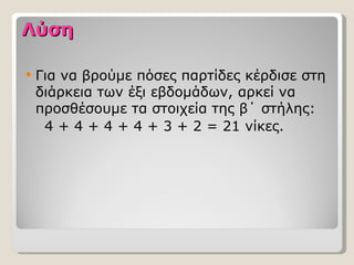 Λύση

   Για να βρούμε πόσες παρτίδες κέρδισε στη
    διάρκεια των έξι εβδομάδων, αρκεί να
    προσθέσουμε τα στοιχεία της β΄ στήλης:
     4 + 4 + 4 + 4 + 3 + 2 = 21 νίκες.
 