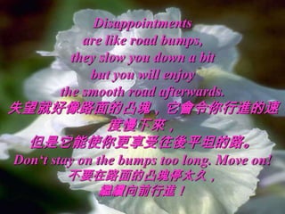 Disappointments
           are like road bumps,
         they slow you down a bit
            but you will enjoy
       the smooth road afterwards.
失望就好像路面的凸塊，它會令你行進的速
       度慢下來，
 但是它能使你更享受往後平坦的路。
Don‘t stay on the bumps too long. Move on!
        不要在路面的凸塊停太久，
          繼續向前行進！
 