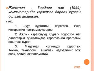  Жонстон   ,   Гарднер  нар    (1989)
 компьютерийн хэрэглээг дараах гурван
 бүлэгт ангилсан.
Үүнд:
     1.   Шууд    сургалтын   хэрэглээ.   Үүнд
 интерактив программууд орно.
     2. Ажлын хэрэгслүүд. Сурагч тодорхой нэг
 даалгаврыг гүйцэтгэхдээ хэрэглээний программ
 ашиглаж сурна.
     3.     Мэдээлэл     солилцох     хэрэглээ.
 Техник, технологи    ашиглан мэдээллийг олж
 авах, солилцох боломжтой.


                                          Буцах
 