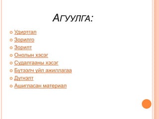 АГУУЛГА:
 Удиртгал
 Зорилго

 Зорилт

 Онолын хэсэг

 Судалгааны хэсэг

 Бүтээлч үйл ажиллагаа

 Дүгнэлт

 Ашигласан материал
 