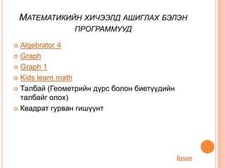МАТЕМАТИКИЙН ХИЧЭЭЛД АШИГЛАХ БЭЛЭН
               ПРОГРАММУУД

 Algebrator 4
 Graph

 Graph 1

 Kids learn math

 Талбай (Геометрийн дүрс болон биетүүдийн
  талбайг олох)
 Квадрат гурван гишүүнт




                                             Буцах
 