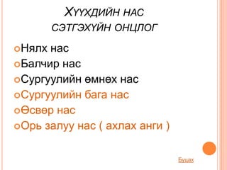 ХҮҮХДИЙН НАС
        СЭТГЭХҮЙН ОНЦЛОГ

Нялх нас
Балчир нас
Сургуулийн өмнөх нас
Сургуулийн бага нас
Өсвөр нас
Орь залуу нас ( ахлах анги )



                                Буцах
 