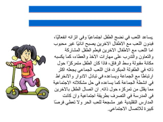 ‫.يساعد اللعب في نضج الطفل اجتماع ًا وفي اتزانه انفعال ًا،‬
  ‫ي‬                    ‫ي‬
‫فبدون اللعب مع الطفال الخرين يصبح انان ًا غير محبوب‬
                 ‫ي‬
        ‫اما اللعب مع الطفال الخرين فيعلم الطفل المشاركة‬
 ‫والتعاون والتدرب على مهارات الخذ والعطاء، كما يكسبه‬
   ‫مكانة مقبولة وسط الرفاق، فاذا كان الطفل متمرك ًا حول‬
           ‫ز‬
   ‫ذاته في الطفولة المبكرة، فان اللعب الجماعي يجعله اكثر‬
  ‫ارتبا ًا مع الجماعة ويساعده في تبادل الدوار والنخراط‬
                                                   ‫ط‬
‫في انشطة الجماعة كما يساعده في حل مشكلته الجتماعية‬
 ‫مما يقلل من تمركزه حول ذاته. ان اتصال الطفل بالخرين‬
       ‫في المدرسة في التصرف بطريقة اجتماعية وان كانت‬
‫المدارس التقليدية غير مشجعة للعب الحر ول تعطي فر ًا‬
 ‫ص‬
                                  ‫كبيرة للتصال الجتماعي.‬
 