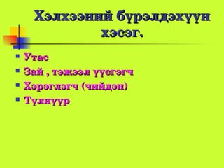 Хэлхээнийбүрэлдэхүүн
             хэсэг.
   Утас
   Зай,тэжээлүүсгэгч
   Хэрэглэгч(чийдэн)
   Түлнүүр
 