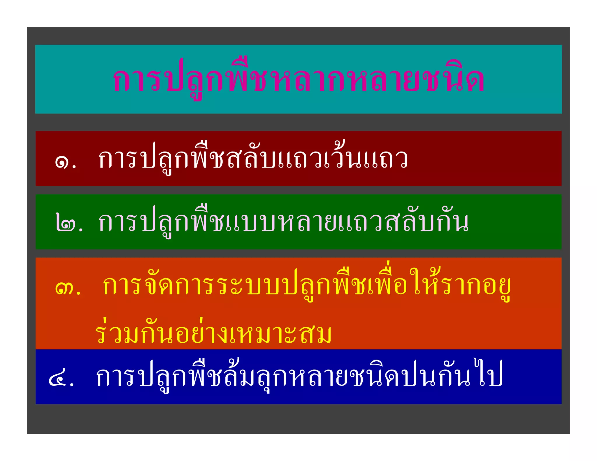 การปลูกพืชหลากหลายชนิด
๑. การปลูกพืชสลับแถวเวนแถว
๒. การปลูกพืชแบบหลายแถวสลับกัน
๓. การจัดการระบบปลูกพืชเพื่อใหรากอยู
   รวมกันอยางเหมาะสม
๔. การปลูกพืชลมลุกหลายชนิดปนกันไป
 