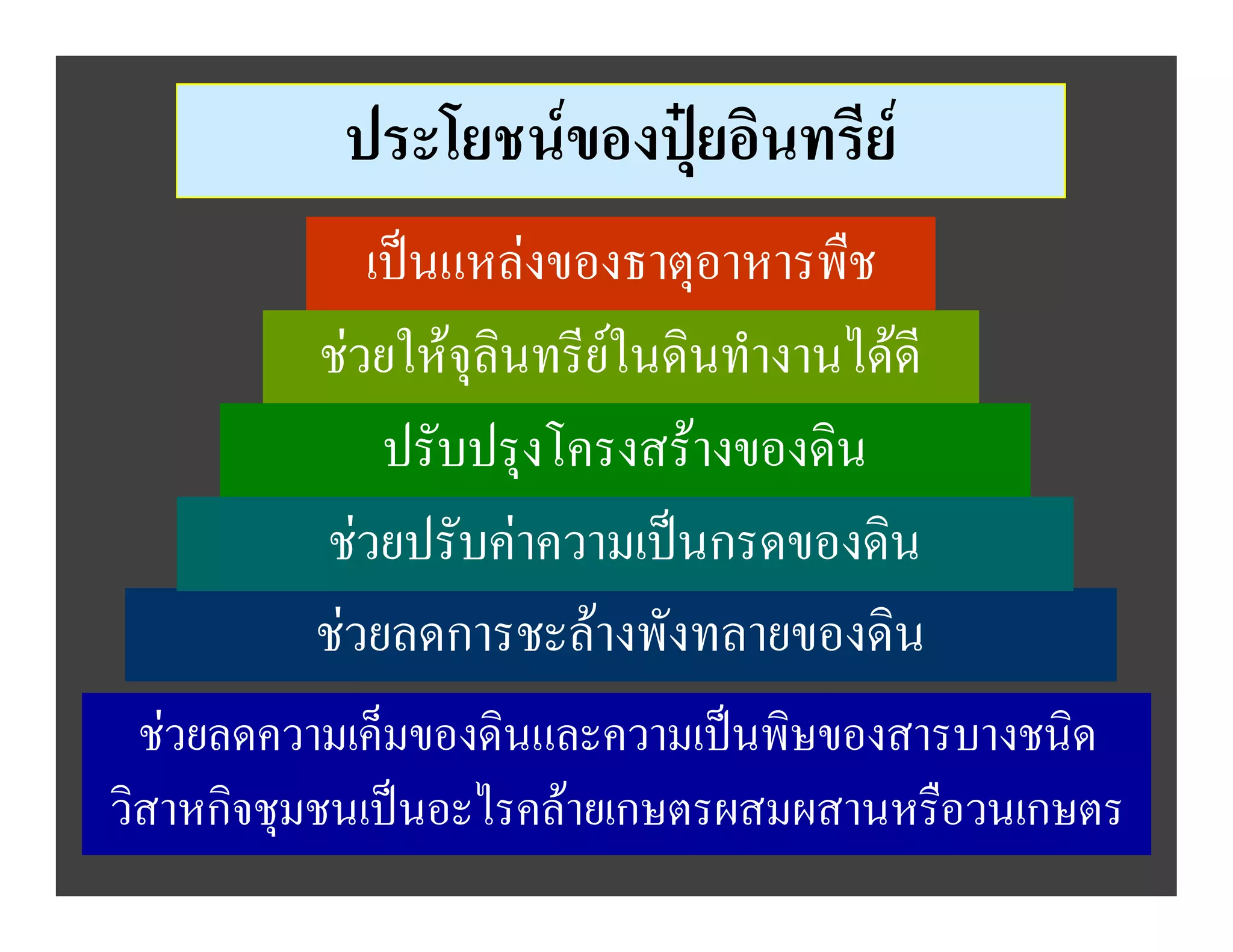 ประโยชนของปุยอินทรีย
            เปนแหลงของธาตุอาหารพืช
         ชวยใหจุลินทรียในดินทํางานไดดี
             ปรับปรุงโครงสรางของดิน
         ชวยปรับคาความเปนกรดของดิน
         ชวยลดการชะลางพังทลายของดิน
  ชวยลดความเค็มของดินและความเปนพิษของสารบางชนิด
วิสาหกิจชุมชนเปนอะไรคลายเกษตรผสมผสานหรือวนเกษตร
 