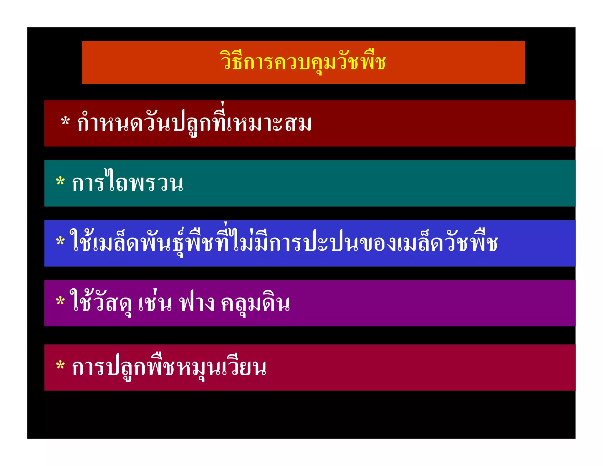 วิธีการควบคุมวัชพืช

* กําหนดวันปลูกที่เหมาะสม
* การไถพรวน
* ใชเมล็ดพันธุพืชที่ไมมีการปะปนของเมล็ดวัชพืช
* ใชวัสดุ เชน ฟาง คลุมดิน
* การปลูกพืชหมุนเวียน
 