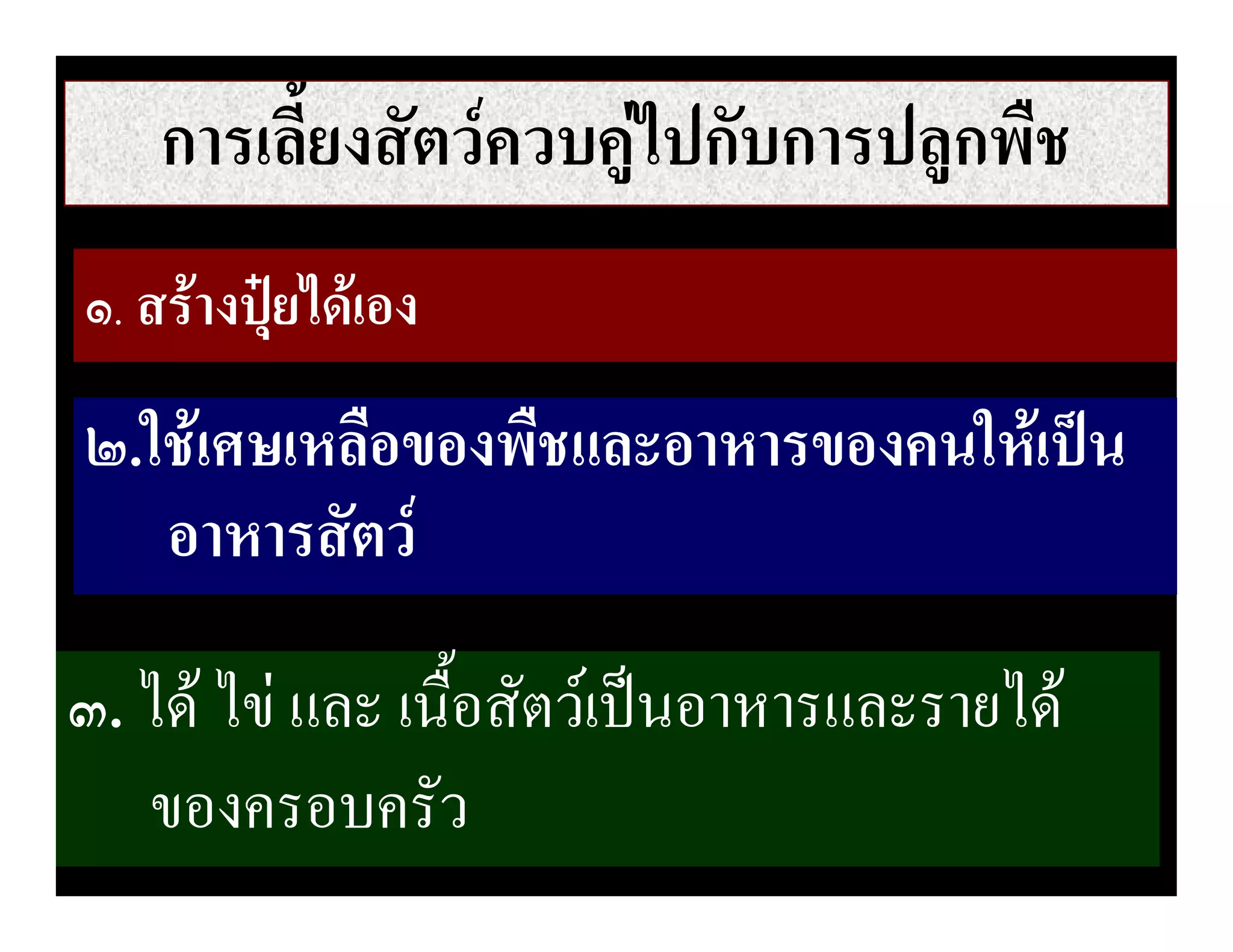 การเลี้ยงสัตวควบคูไปกับการปลูกพืช
๑. สรางปุยไดเอง
๒.ใชเศษเหลือของพืชและอาหารของคนใหเปน
   อาหารสัตว

๓. ได ไข และ เนื้อสัตวเปนอาหารและรายได
   ของครอบครัว
 