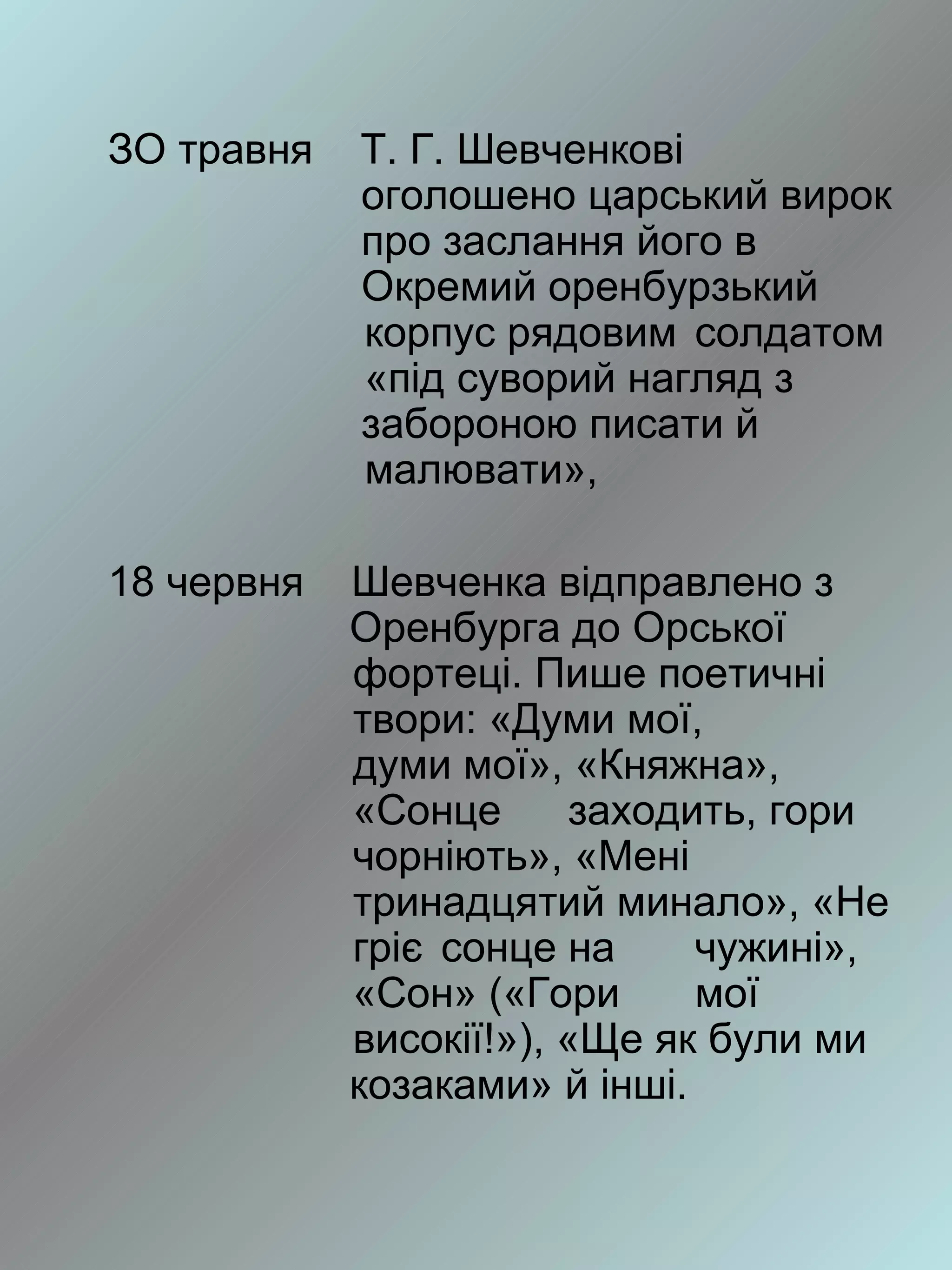 ЗО травня   Т. Г. Шевченкові
            оголошено царський вирок
            про заслання його в
            Окремий оренбурзький
            корпус рядовим солдатом
            «під суворий нагляд з
            забороною писати й
            малювати»,

18 червня   Шевченка відправлено з
            Оренбурга до Орської
            фортеці. Пише поетичні
            твори: «Думи мої,
            думи мої», «Княжна»,
            «Сонце      заходить, гори
            чорніють», «Мені
            тринадцятий минало», «Не
            гріє сонце на     чужині»,
            «Сон» («Гори      мої
            високії!»), «Ще як були ми
            козаками» й інші.
 
