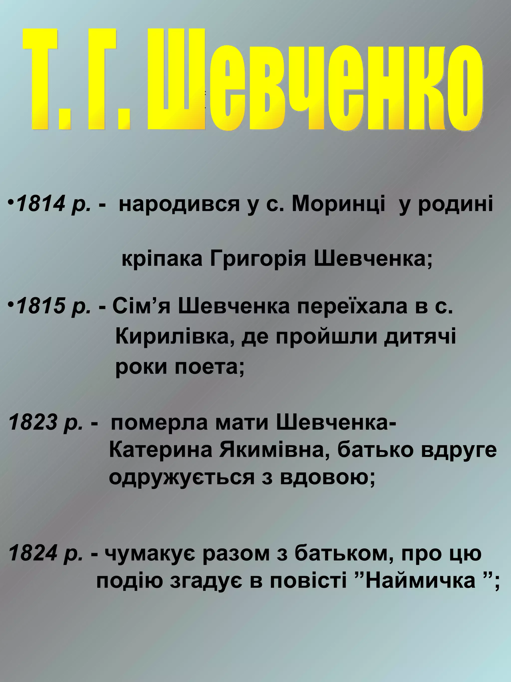 •1814 р. - народився у с. Моринці у родині

          кріпака Григорія Шевченка;

•1815 р. - Сім’я Шевченка переїхала в с.
           Кирилівка, де пройшли дитячі
           роки поета;

1823 р. - померла мати Шевченка-
          Катерина Якимівна, батько вдруге
          одружується з вдовою;


1824 р. - чумакує разом з батьком, про цю
         подію згадує в повісті ”Наймичка ”;
 