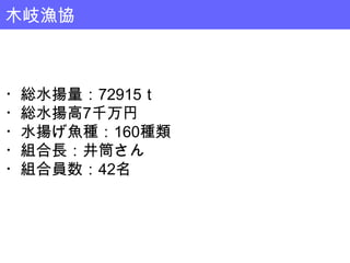 木岐漁協



・総水揚量：72915ｔ
・総水揚高7千万円
・水揚げ魚種：160種類
・組合長：井筒さん
・組合員数：42名
 
