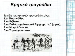 Κρητικά τραγούδια

Τα είδη των κρητικών τραγουδιών είναι:
1.οι Μαντινάδες,
2.τα Ριζίτικα,
3.τα Πολύστιχα Ιστορικά Αφηγηματικά (ρίμες),
4.τα Μοιρολόγια και
5.τα Ταμπαχανιώτικα.
 
