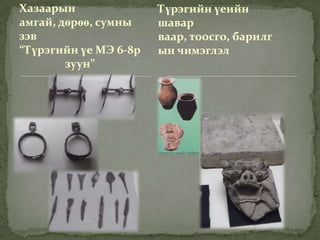 Хазаарын               Түрэгийн үеийн
амгай, дөрөө, сумны    шавар
зэв                    ваар, тоосго, барилг
“Түрэгийн үе МЭ 6-8р   ын чимэглэл
        зуун”
 
