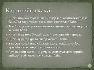  Киргизийн аж ахуй нь мал , газар тариалангаас бүрдэж
    байв.Тэд адуу, тэмээ, үхэр, хонь үржүүлдэг байв.
   Тухайн үед зээтүүт тариалангаас анжист тариалан үүсж
    хөгжиж байв.
   Киргизүүд амуу буудай, арвай, олс зэргийг тариалан.
   Киргизүүд гар урлал өндөр хөгжсөн байв.
   2 талдаа иртэй илд, чинжаал хутга, жадны гилбэр,
    хуягийн ялтас, морины тоноглол юм.
   Алт, нарийн эдлэлийн урчууд, дархчууд уран нарийн
    хийцтэй гоёл чимэглэл урладаг байв.
 