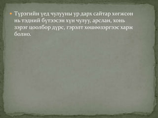  Түрэгийн үед чулууны ур дарх сайтар хөгжсөн
 нь тэдний бүтээсэн хүн чулуу, арслан, хонь
 зэрэг цоолбор дүрс, гэрэлт хөшөөзэргээс харж
 болно.
 