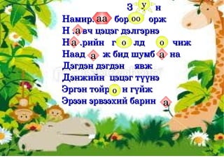 у
                              З    .    н
                  аа           оо
    Намир..       бор..      орж 
         а
    Н .   вч цэцэг дэлгэрнэ
                             


        а
    Н    .рийн   г       лд           чиж
                             о           о
    Наад       ж бид шумб      на
               а                         а
    Дэгдэн дэгдэн    явж 
    Дэнжийн  цэцэг түүнэ
    Эргэн тойр     н гүйж 
                        о
    Эрээн эрвээхий барин   а




                   
 
