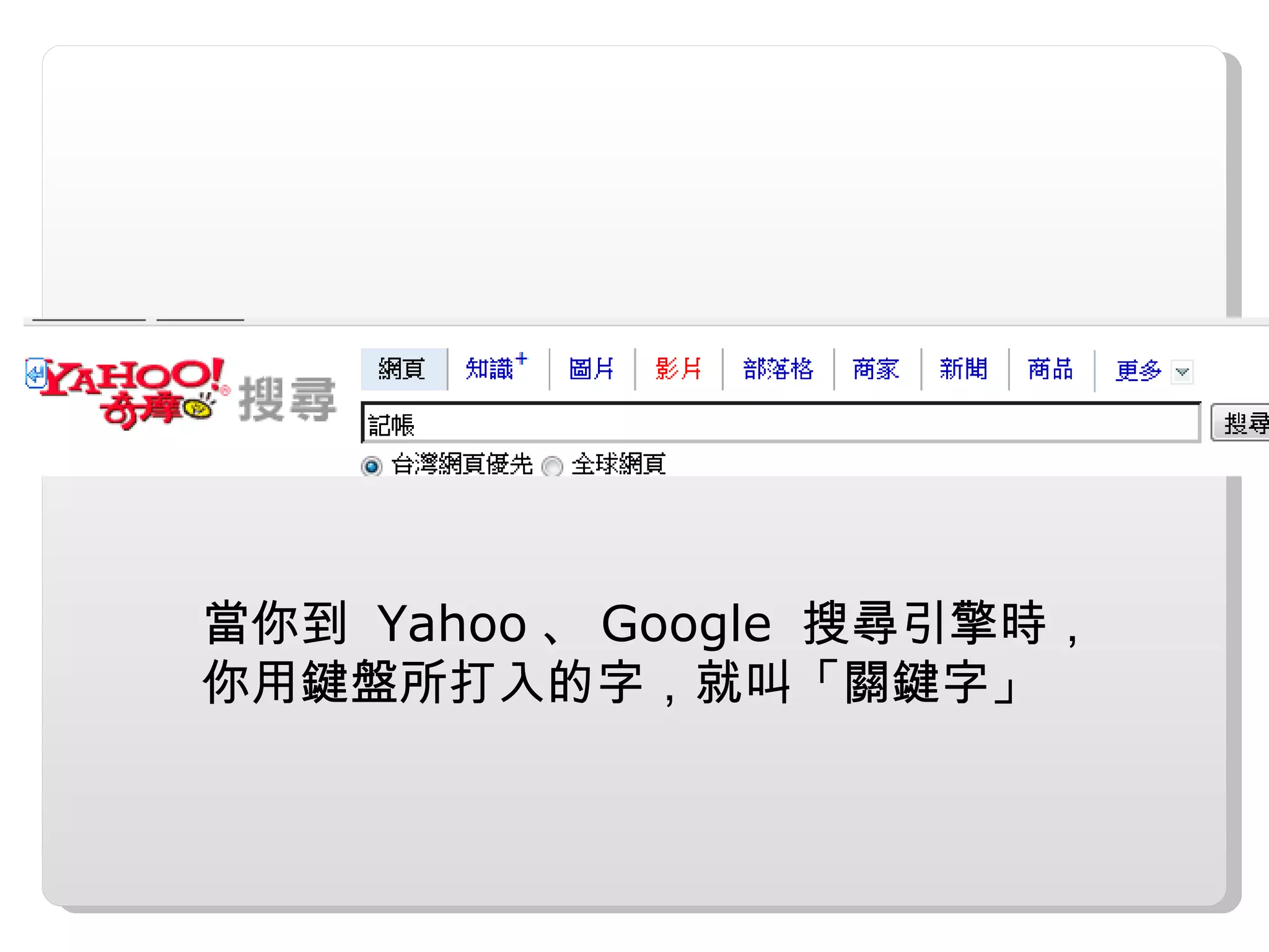 當你到 Yahoo 、 Google 搜尋引擎時，
你用鍵盤所打入的字，就叫「關鍵字」
 