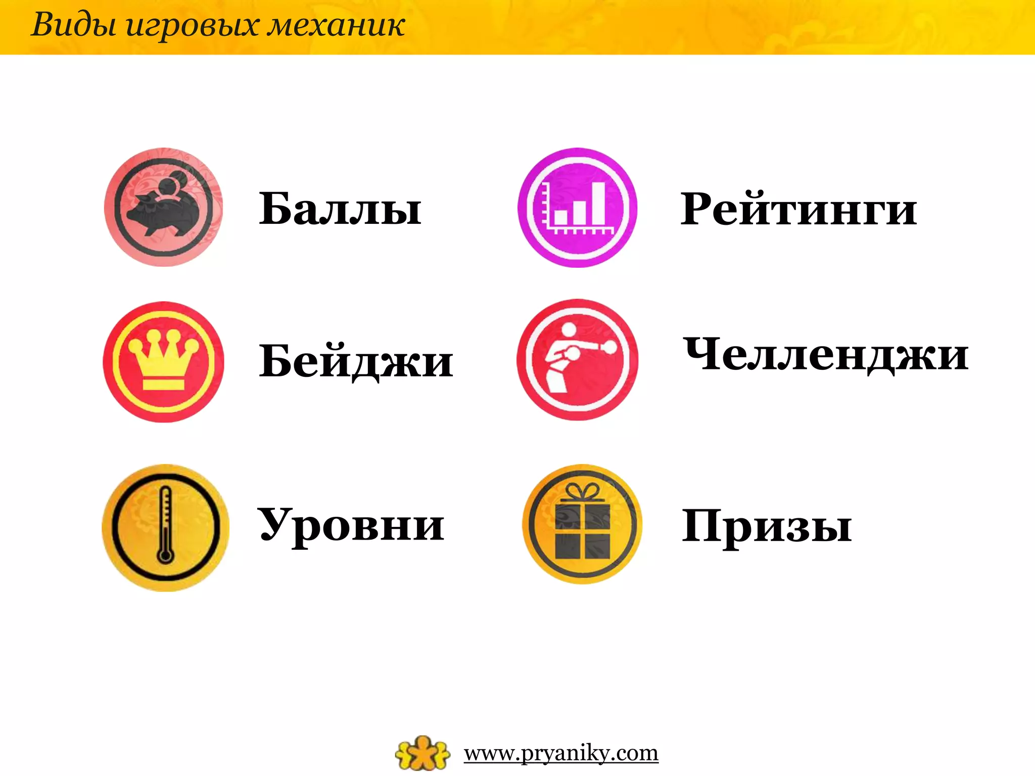 Виды игровых механик




            Баллы                         Рейтинги


            Бейджи                        Челленджи


            Уровни                        Призы



                       www.pryaniky.com
 