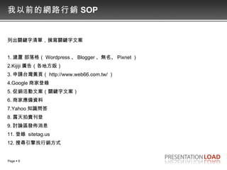 我以前的網路行銷 SOP


列出關鍵字清單，撰寫關鍵字文案


1. 建置 部落格（ Wordpress 、 Blogger 、無名、 Pixnet ）
2.Kijiji 廣告（各地方版）
3. 申請台灣黃頁（ http://www.web66.com.tw/ ）
4.Google 商家登錄
5. 促銷活動文案（關鍵字文案）
6. 商家應備資料
7.Yahoo 知識問答
8. 露天拍賣刊登
9. 討論區發佈消息
11. 登錄 sitetag.us
12. 搜尋引擎找行銷方式


Page  9
 