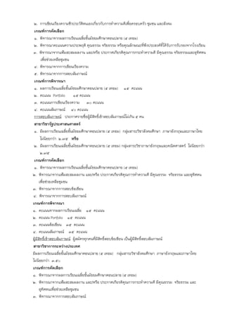 2. การเขียนเรียงความชีวประวัติตนเองเกี่ยวกับการทําความดีเพื่อครอบครัว ชุมชน และสังคม
 เกณฑ์การคัดเลือก
 1. พิจารณาจากผลการเรียนเฉลี่ยชั้นมัธยมศึกษาตอนปลาย (5 เทอม)
 2. พิจารณาคะแนนความประพฤติ คุณธรรม จริยธรรม หรือคุณลักษณะที่พึงประสงค์ที่ได้รบการรับรองจากโรงเรียน
                                                                                          ั
3. พิจารณาจากแฟ้มสะสมผลงาน และ/หรือ ประกาศเกียรติคุณการกระทําความดี มีคุณธรรม จริยธรรมและอุทิศตน
       เพื่อช่วยเหลือชุมชน
 4. พิจารณาจากการเขียนเรียงความ
 5. พิจารณาจากการสอบสัมภาษณ์
 เกณฑ์การพิจารณา
 1. ผลการเรียนเฉลี่ยชั้นมัธยมศึกษาตอนปลาย (5 เทอม) 15 คะแนน
 2. คะแนน Portfolio          15 คะแนน
 3. คะแนนการเขียนเรียงความ 30 คะแนน
 4. คะแนนสัมภาษณ์ 40 คะแนน
 การสอบสัมภาษณ์ ประกาศรายชื่อผู้มีสิทธิ์เข้าสอบสัมภาษณ์ไม่เกิน 5 คน
 สาขาวิชารัฐประศาสนศาสตร์
 1. มีผลการเรียนเฉลี่ยชั้นมัธยมศึกษาตอนปลาย (5 เทอม) กลุ่มสาระวิชาสังคมศึกษา ภาษาอังกฤษและภาษาไทย
       ไม่น้อยกว่า 2.75 หรือ
 2. มีผลการเรียนเฉลี่ยชั้นมัธยมศึกษาตอนปลาย (5 เทอม) กลุ่มสาระวิชาภาษาอังกฤษและคณิตศาสตร์ ไม่น้อยกว่า
       2.75
 เกณฑ์การคัดเลือก
 1. พิจารณาจากผลการเรียนเฉลี่ยชั้นมัธยมศึกษาตอนปลาย (5 เทอม)
2. พิจารณาจากแฟ้มสะสมผลงาน และ/หรือ ประกาศเกียรติคุณการทําความดี มีคุณธรรม จริยธรรม และอุทิศตน
      เพื่อช่วยเหลือชุมชน
3. พิจารณาจากการสอบข้อเขียน
4. พิจารณาจากการสอบสัมภาษณ์
เกณฑ์การพิจารณา
1. คะแนนจากผลการเรียนเฉลี่ย 15 คะแนน
2. คะแนน Portfolio 15 คะแนน
3. คะแนนข้อเขียน 35 คะแนน
4. คะแนนสัมภาษณ์ 35 คะแนน
ผู้มีสิทธิ์เข้าสอบสัมภาษณ์ ผู้สมัครทุกคนที่มีสิทธิ์สอบข้อเขียน เป็นผู้มีสิทธิ์สอบสัมภาษณ์
สาขาวิชาการระหว่างประเทศ
มีผลการเรียนเฉลี่ยชั้นมัธยมศึกษาตอนปลาย (5 เทอม) กลุ่มสาระวิชาสังคมศึกษา ภาษาอังกฤษและภาษาไทย
ไม่น้อยกว่า 3.50
เกณฑ์การคัดเลือก
1. พิจารณาจากผลการเรียนเฉลี่ยชั้นมัธยมศึกษาตอนปลาย (5 เทอม)
2. พิจารณาจากแฟ้มสะสมผลงาน และ/หรือ ประกาศเกียรติคุณการกระทําความดี มีคุณธรรม จริยธรรม และ
      อุทิศตนเพื่อช่วยเหลือชุมชน
3. พิจารณาจากการสอบสัมภาษณ์
 