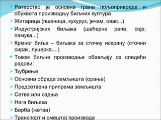  Ратарство   је основна грана пољопривреде и
  обухвата производњу биљних култура
 Житарица (пшеница, кукуруз, јечам, овас...)
 Индустријских биљака (шећерне репе, соје,
  памука...)
 Крмног биља – биљака за сточну исхрану (сточни
  сирак, луцерка....)
 Током биљне производње обављају се следећи
  радови:
 Ђубрење
 Основна обрада земљишта (орање)
 Предсетвена припрема земљишта
 Сетва или садња
 Нега биљака
 Берба (жетва)
 Транспорт и смештај производа
 