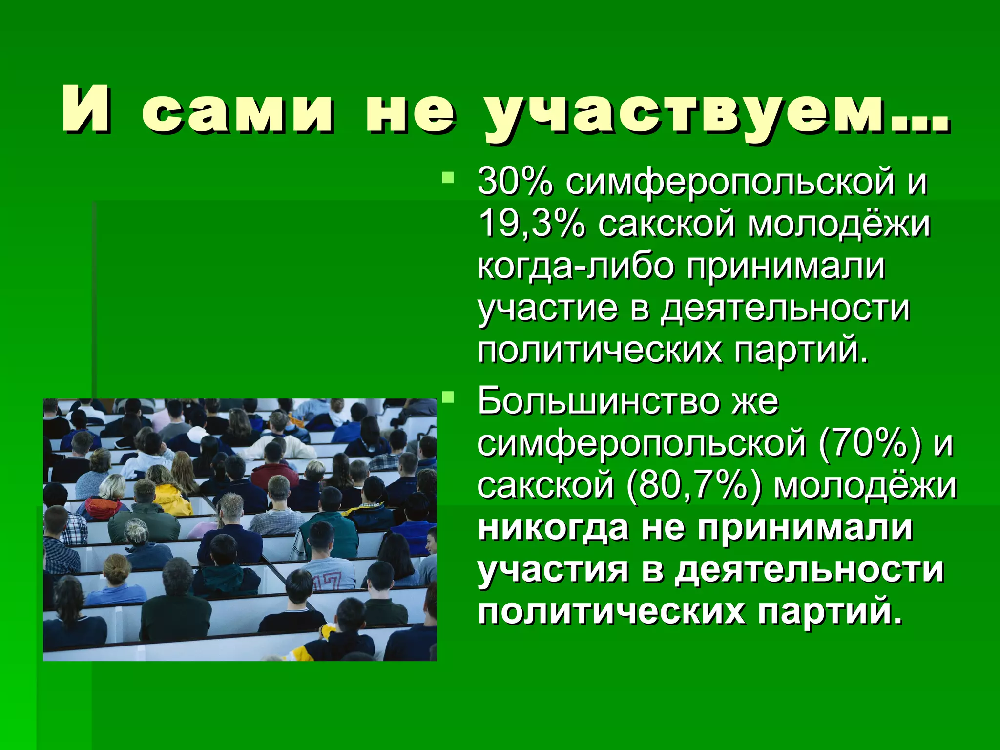 И сами не участвуем…
         30% симферопольской и
          19,3% сакской молодёжи
          когда-либо принимали
          участие в деятельности
          политических партий.
         Большинство же
          симферопольской (70%) и
          сакской (80,7%) молодёжи
          никогда не принимали
          участия в деятельности
          политических партий.
 