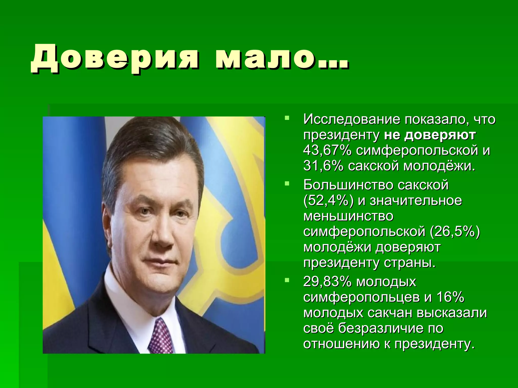 Доверия мало…
           Исследование показало, что
            президенту не доверяют
            43,67% симферопольской и
            31,6% сакской молодёжи.
           Большинство сакской
            (52,4%) и значительное
            меньшинство
            симферопольской (26,5%)
            молодёжи доверяют
            президенту страны.
           29,83% молодых
            симферопольцев и 16%
            молодых сакчан высказали
            своё безразличие по
            отношению к президенту.
 