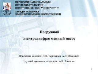 Погружной
   электродиафрагменный насос



Проектная команда: Д.В. Чернышев, А.В. Лекомцев
   Научный руководитель: аспирант А.В. Лекомцев


                                                  1
 