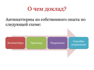О чем доклад?
Антипаттерны из собственного опыта по
следующей схеме:


                                       Способы
Антипаттерн    Причины   Результаты
                                      устранения
 