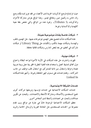 ‫حيث مت �إن�شا�ؤه لو�ضع الذكريات احلزينة لدى الأع�ضاء من فقد عزيز لديه ميكنه و�ضع‬
‫رثاء خا�ص به وحتميل �صور ومقاطع فيديو، وهذا املوقع بغر�ض م�شاركة الأحزان‬
‫والذكريات (5 ‪ ،)Tributes‬وغريه عدد من املواقع والتي تخت�ص بلغة معينة‬
                                                  ‫كالهندية والباك�ستانية وغريها.‬

                              ‫2- �شبكات خا�صة بفئات مو�ضوعية معينة:‬
‫هذه ال�شبكات ن�ش�أت لتجميع بع�ض املهتمني مبو�ضوعات بعينها، مثل املهتمني بالطب‬
‫والهند�سة و�شبكات مهتمة بالكتب واملكتبات مثل ‪� Library Thing‬أو �شبكات‬
                ‫�شاركت يف التعليم عن بعد لبع�ض املدار�س و�شبكات ثقافية خمتلفة.‬

                                                             ‫3- �شبكات مهنية:‬
‫ظهرت وانت�رشت مثل هذه ال�شبكات يف الآونة الأخرية لتواجه البطالة واحتياج‬
‫دول العامل لتن�شيط العمل وا�ستخدام هذه التقنية املتطورة خللق بيئة عمل وبيئة تدريبية‬
‫مفيدة وحرفية وا�ستقبال �سِ ي ذاتية للم�شرتكني مع ا�ستقبال طلب توظيف من جانب‬
                                                         ‫رَ‬
‫ال�رشكات ، وتقدم خدمات على م�ستوى املهن املختلفة وغريها، و�أ�شهر هذه ال�شبكات‬
                                                                    ‫‪Linked In‬‬

                                              ‫خدمات ال�شبكة االجتماعية:‬
‫خدمات ال�شبكات االجتماعية هي خدمات ت�ؤ�س�سها وتربجمها �رشكات كربى‬
‫جلمع امل�ستخدمني والأ�صدقاء وم�شاركة الأن�شطة واالهتمامات، وللبحث عن تكوين‬
                   ‫�صداقات والبحث عن اهتمامات و�أن�شطة لدى �أ�شخا�ص �آخرين.‬
‫معظم ال�شبكات االجتماعية املوجودة حالي ًا هي عبارة عن مواقع ويب تقدم‬
‫جمموعة من اخلدمات للم�ستخدمني مثل املحادثة الفورية والر�سائل اخلا�صة والربيد‬

                                        ‫51‬
 