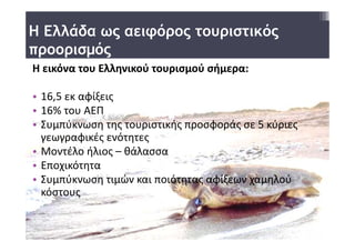 Η Ελλάδα ως αειφόρος τουριστικός
προορισμός
Η εικόνα του Ελληνικού τουρισμού σήμερα: 

• 16,5 εκ αφίξεις 
• 16% του ΑΕΠ
• Συμπύκνωση της τουριστικής προσφοράς σε 5 κύριες 
  γεωγραφικές ενότητες 
• Μοντέλο ήλιος – θάλασσα 
• Εποχικότητα 
• Συμπύκνωση τιμών και ποιότητας αφίξεων χαμηλού 
  κόστους 
 