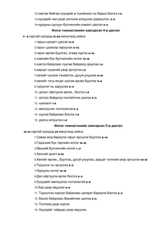 12.хэвтэж байгаа хүүхдийг 2 тохойноос нь барьж босгох 1-2

       13.хүүхдийг хөл дээр зогсоож алхуулах дэрвүүлэх. 2-3

       14.нурууны шулуун булчингийн нэмэлт дасгал 2-3

                  Иллэг гимнастикийн хавсарсан 4-р дасгал
7- 9 сартай хүүхдэд 15-20 минутанд хийнэ.
       1.гарын цагригт дасгал 6-8

       2.гарыг цээжээр зөрүүлэх 8-10

       3.гарыг өргөж буулгах, эгэмд хүргэх 8-10

       4.хэвлийн бүх булчингийн иллэг 10-12

       5.хэвтээ байдлаас суугаа байдалд оруулах 1.2

       6.аарцаг сүүжний үеэр эргүүлэх 1.2

       7.хөлийг нугалж тэнийлгэх ,дугуй унуулах 8-10

       8.хөлийг тэгш өнцөг үүсгэж өргөж буулгах 4-6

       9.түрүүлэг нь харуулах 2-3

       10. далыг ойртуулж өргөх , босгох 1-2

       11. зогсоо байдалд тонгойлгож цэхлэх 2-3

       12. нумлалт 1-2

       13. мөлхүүлэх тоглоомтой 2-3

       14. суугаа байдлаас босгох 1-2

       15. урагш алхуулах 1-2

                    Иллэг гимнастикийн хавсарсан 5-р дасгал
10-12 сартай хүүхдэд 25 минутанд хийнэ.
       1.Саваа мод бариулж гарыг өргүүлж буулгах 8-10

       2.Гэдэсний бүх төрлийн иллэг 10-12

       3.Өрцний булчингийн иллэг 1.-2

       4.Хөлний үрэлт 8-10

       5.Хөлийг өргөж , буулгах, дугуй унуулах, аарцаг түнхний үеэр эргүүлэх 10-12

       6.Түрүүлэг нь эргүүлэх 2-3

       7.Нурууны иллэг 10-12

       8.Дал ойртуулж өргөх босгох 2-3

       9.Хүүхдийг мөлхүүлэх тоглоомтой 6-8

       10.Хар дээр явуулах 6-8

       11. Түрүүлгээ харсан байдлаас цагираг бариулж босгох 2-3

       12. Босоо байдлаас бөхийлгөж цэхлэх 2-3

       13. Тоглоом дээр хүргэх

       14. Хүүхдийг тайрдас дээр явуулах
 