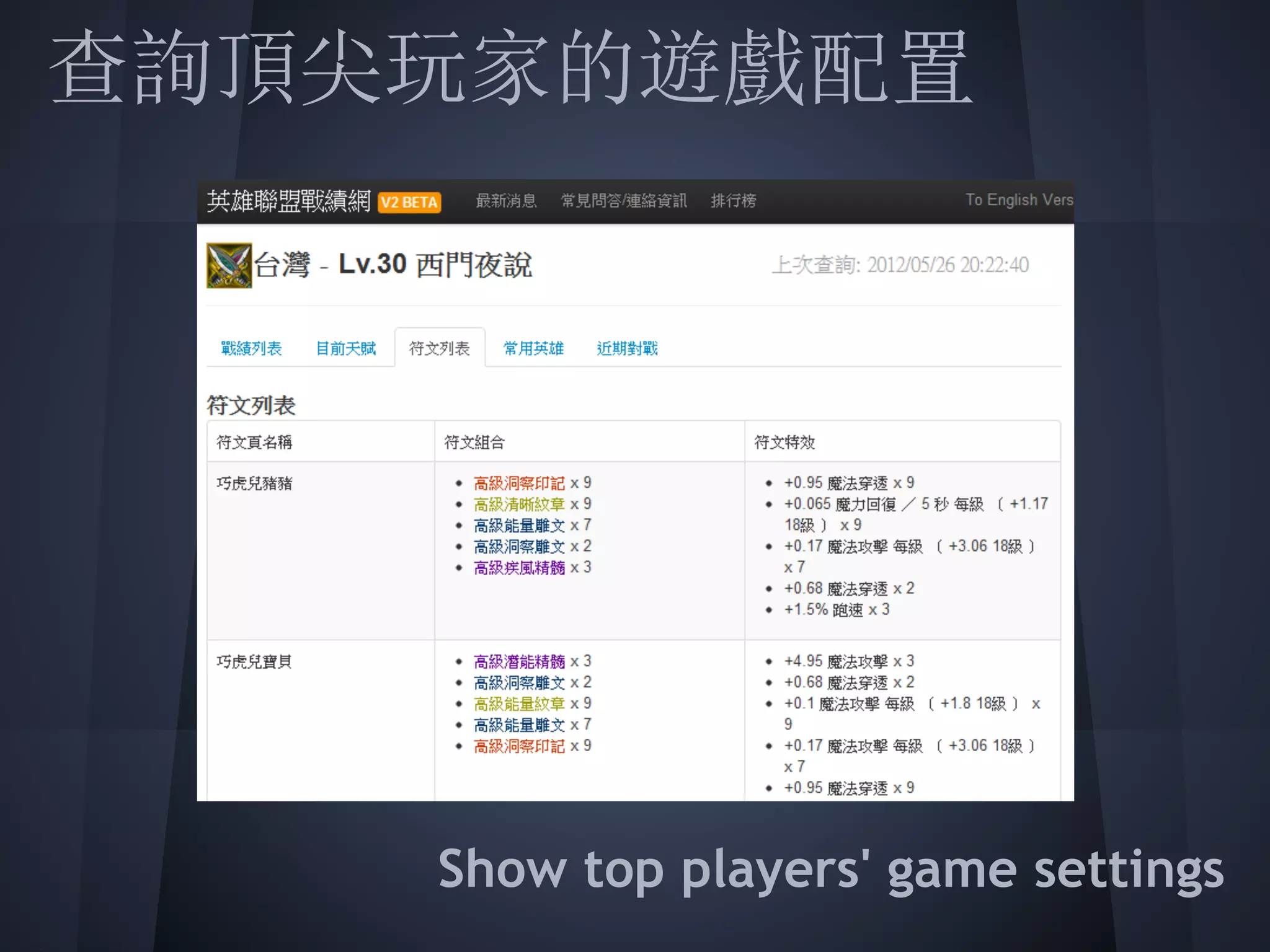 查詢頂尖玩家的遊戲配置
 
 
 
 
 
 
 
    Show top players' game settings
 