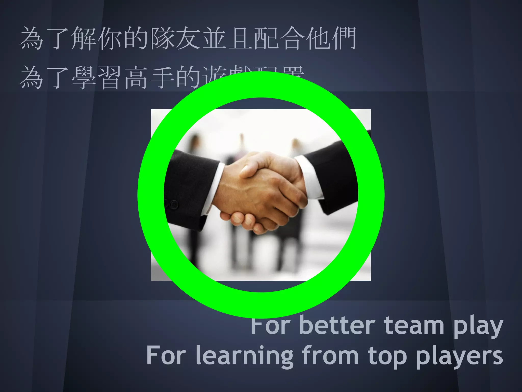 為了解你的隊友並且配合他們
為了學習高手的遊戲配置
 
 
 
 
 
 
 
             For better team play
     For learning from top players
 