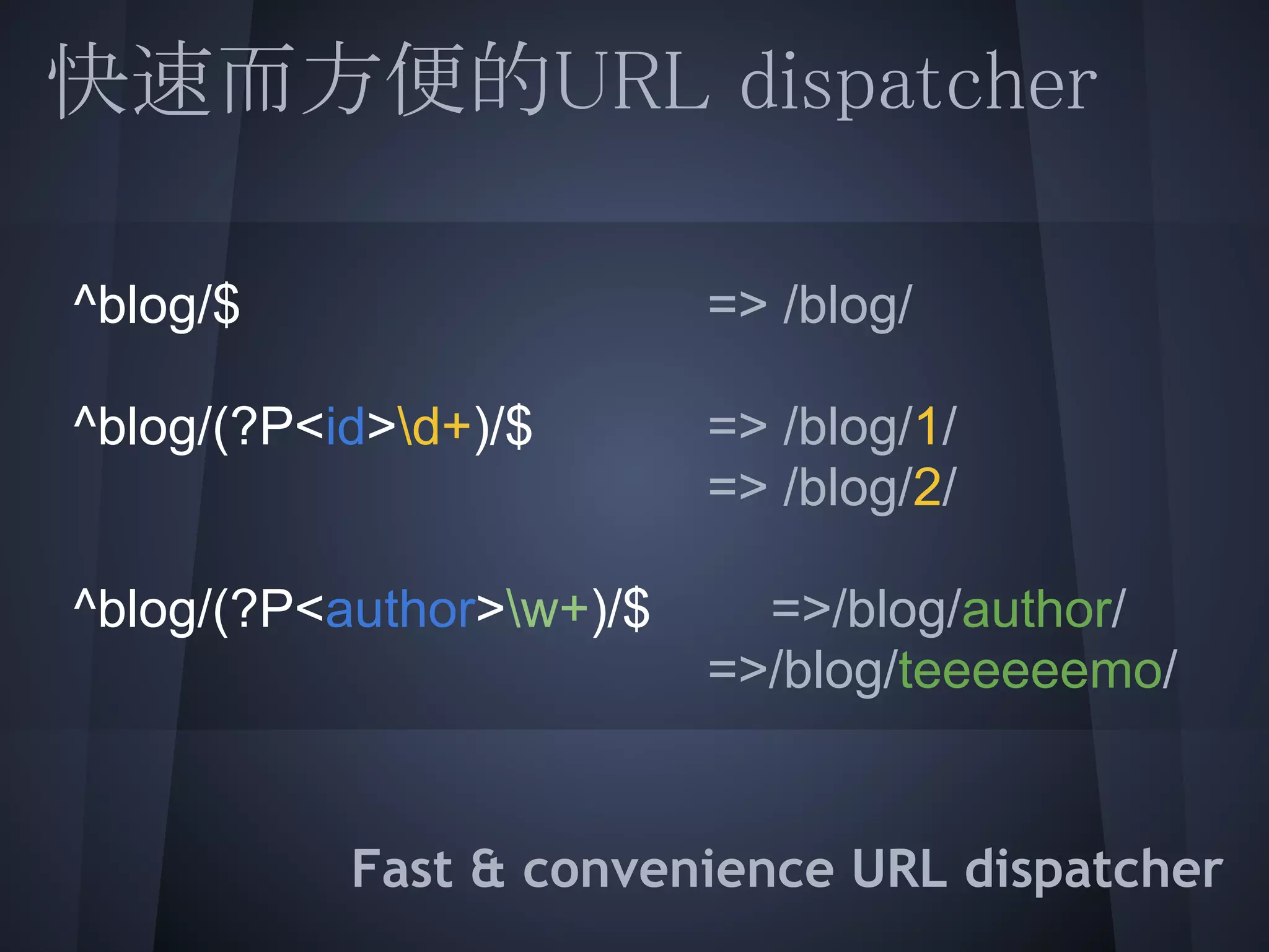 快速而方便的URL dispatcher
 
 ^blog/$                => /blog/
 ^blog/(?P<id>d+)/$    => /blog/1/
                        => /blog/2/

 ^blog/(?P<author>w+)/$ =>/blog/author/
                        =>/blog/teeeeeemo/
 
 
           Fast & convenience URL dispatcher
 