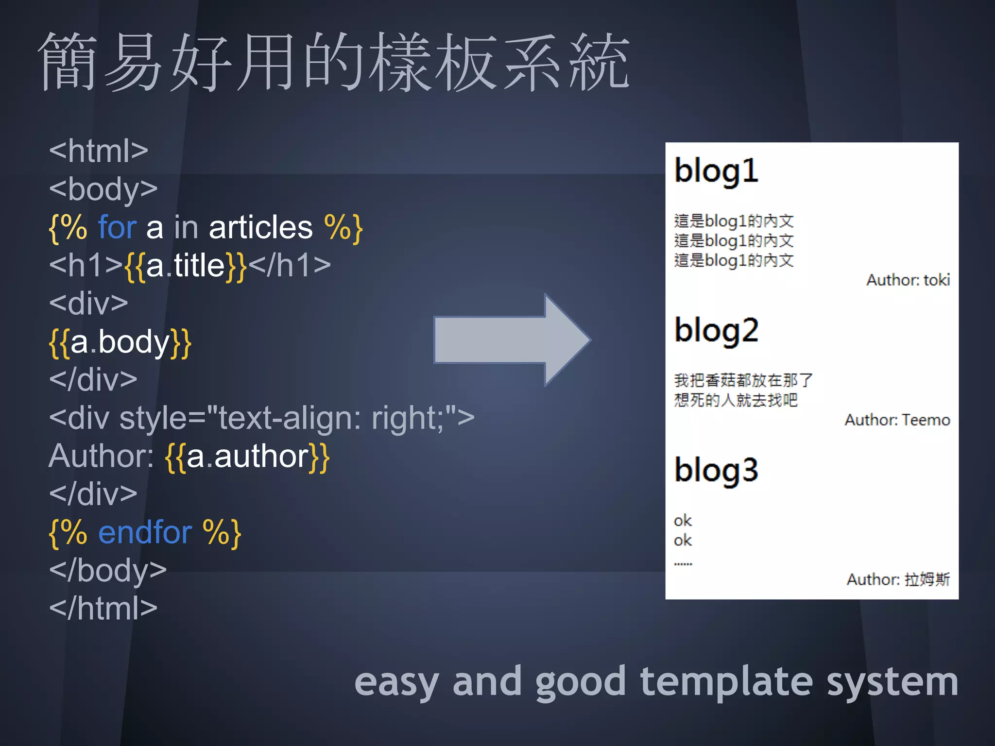 簡易好用的樣板系統
 <html>
 <body>
 {% for a in articles %}
 <h1>{{a.title}}</h1>
 {{a.body}}
 <div>

 <div style="text-align: right;">
 </div>

 </div>
 Author: {{a.author}}

 </body>
 {% endfor %}

 </html>

                 easy and good template system
 