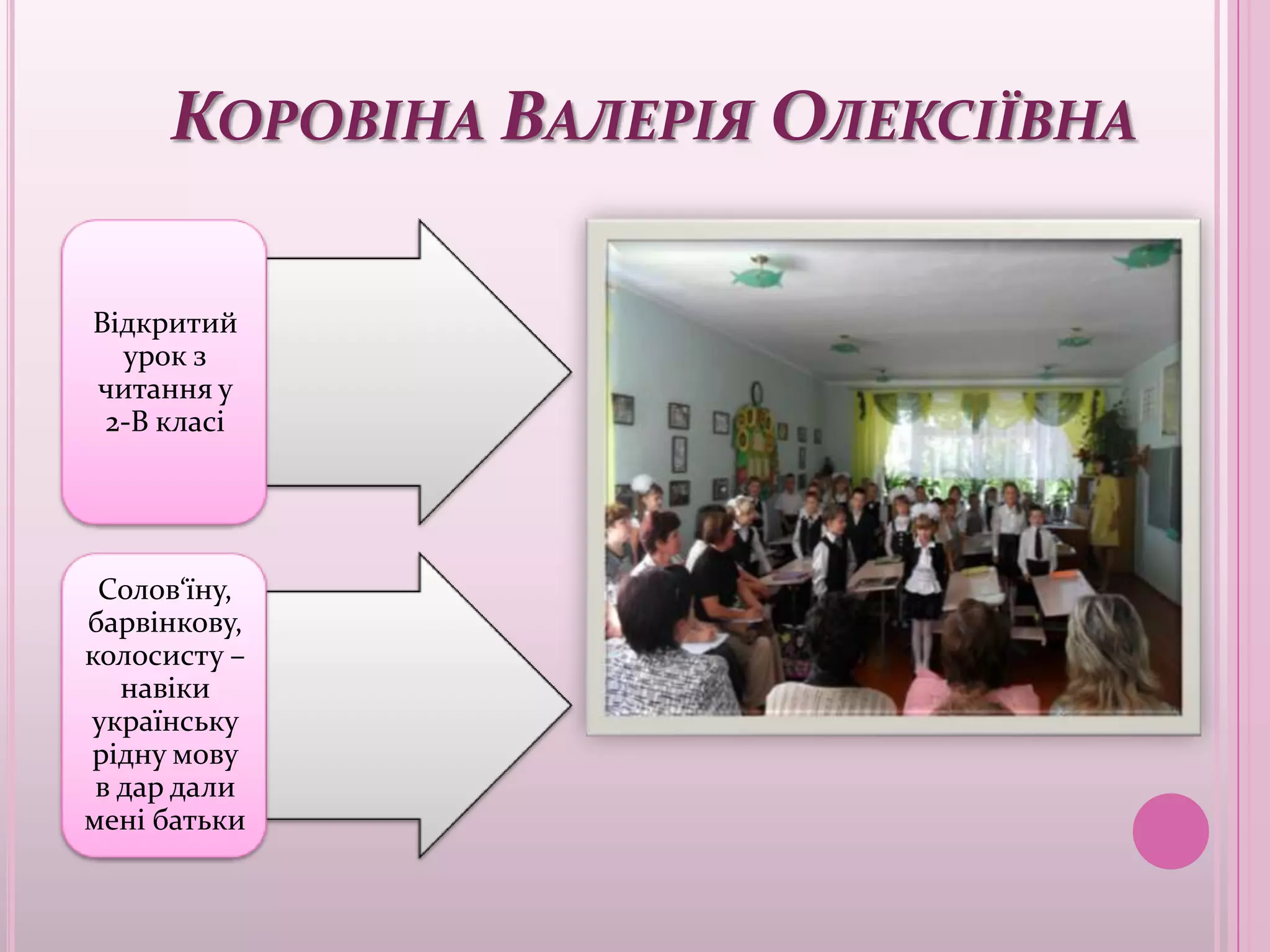 КОРОВІНА ВАЛЕРІЯ ОЛЕКСІЇВНА

Відкритий
  урок з
читання у
 2-В класі




 Солов‘їну,
барвінкову,
колосисту –
   навіки
українську
рідну мову
 в дар дали
мені батьки
 