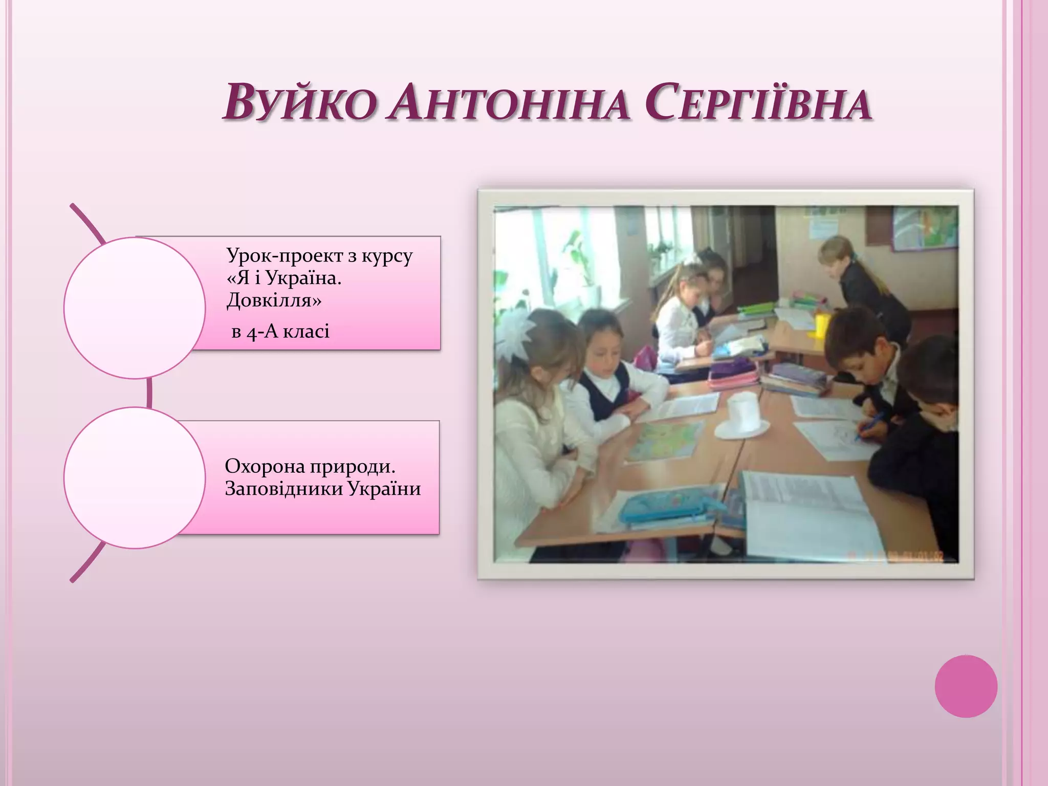 ВУЙКО АНТОНІНА СЕРГІЇВНА

Урок-проект з курсу
«Я і Україна.
Довкілля»
в 4-А класі




Охорона природи.
Заповідники України
 